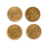 Two Edward VII gold half sovereigns dated 1905 and 1908, and two George V half sovereigns dated