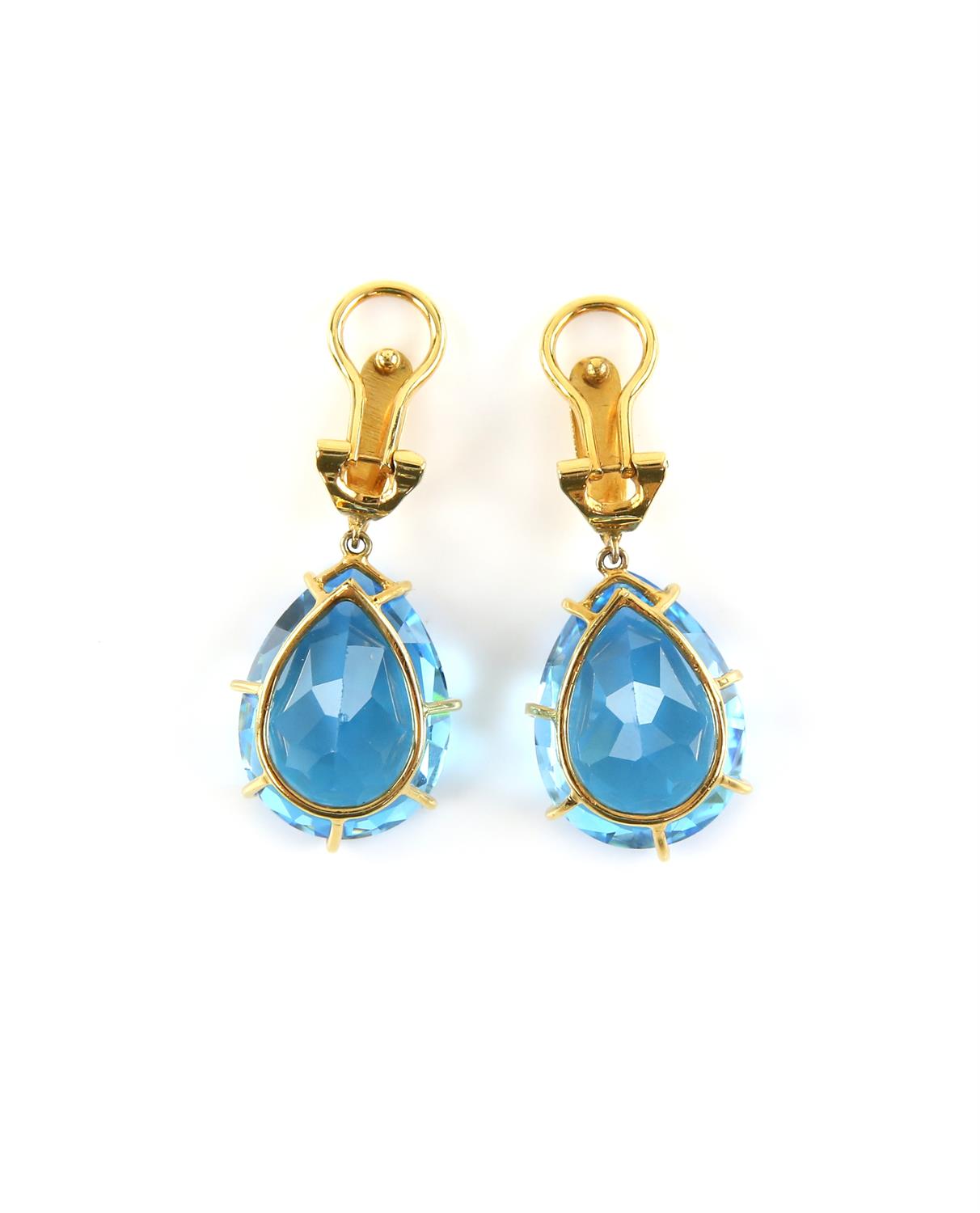 A pair of modern blue topaz drop earrings, pear cut blue topaz, weighing an estimated 25. - Image 2 of 2