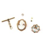 Mixed group of gold items including a cameo brooch, a pearl and turquoise brooch,