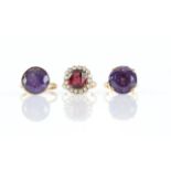 Three gem set rings, comprising two single stone synthetic colour change sapphire rings,