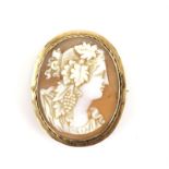 Antique cameo brooch, carved shell cameo depicting a portrait of lady in profile,