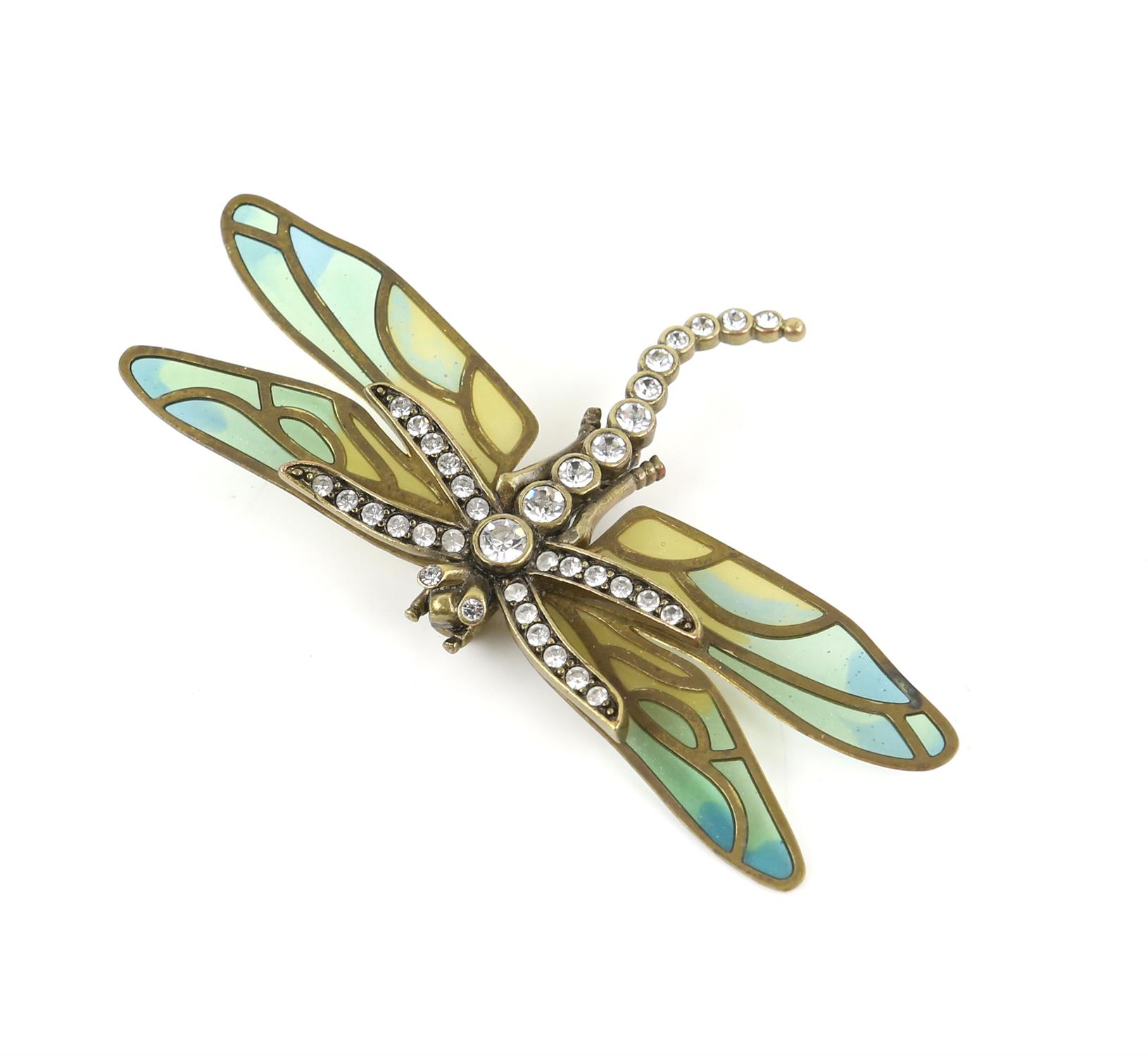 Kenneth Jay Lane Dragonfly brooch with blue and green mosaic wings, mounted in base metal,