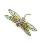 Kenneth Jay Lane Dragonfly brooch with blue and green mosaic wings, mounted in base metal,