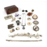 A assortment of silver items, a silver set cameo, enamel Chinese lantern pendant,