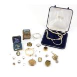 Bag of costume jewellery including boxed three strand pearl necklace, glass trinket box,