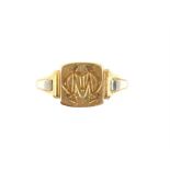 1920's signet ring, seal engraved monogram, in 18 ct yellow gold, with white gold details to
