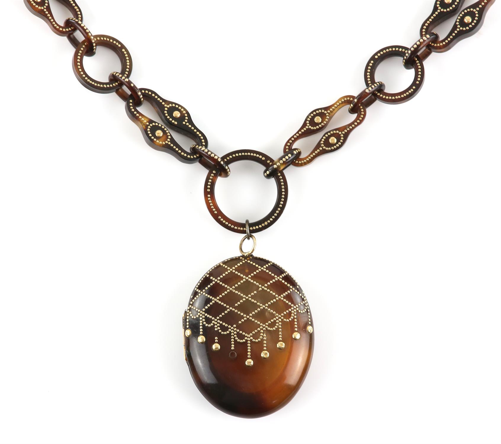 Tortoise shell pique work locket and chain necklace, oval locket 4.5 x 3.3cm, connected to link