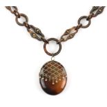 Tortoise shell pique work locket and chain necklace, oval locket 4.5 x 3.3cm, connected to link