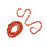 Two coral necklaces, one long bead necklace strung on a chain, with a gilt metal clasp,