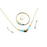 Turquoise and gold jewellery suite, including a necklace, length 46cm, a bangle, inside diameter