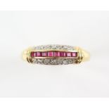 Ruby and diamond band ring, eight square cut rubies, set with round brilliant cut diamonds,