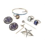 Antique silver and costume jewellery, including a paste star brooch, enamel bangle,