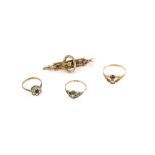 A mixed group of gold items, a Victorian bar brooch, pin and catch fitting 4.5 x 1.