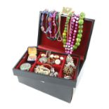 Jewellery box containing costume jewellery, including pearl necklace silver clasp,