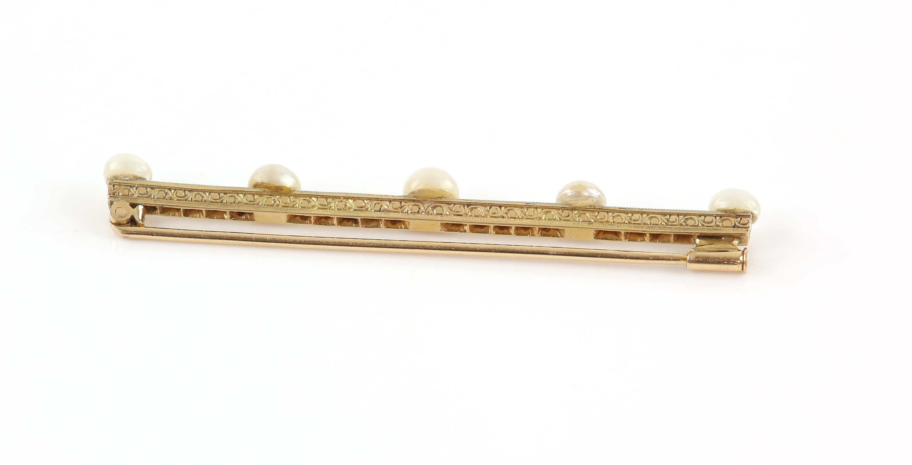 Edwardian pearl and diamond bar brooch, set with five bouton pearls, measuring from 4.7-5.9mm, - Image 2 of 2