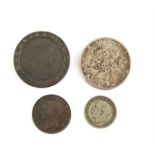 Four coins including a British cartwheel twopence 1797, a Victoria halfpenny 1854 near very fine,