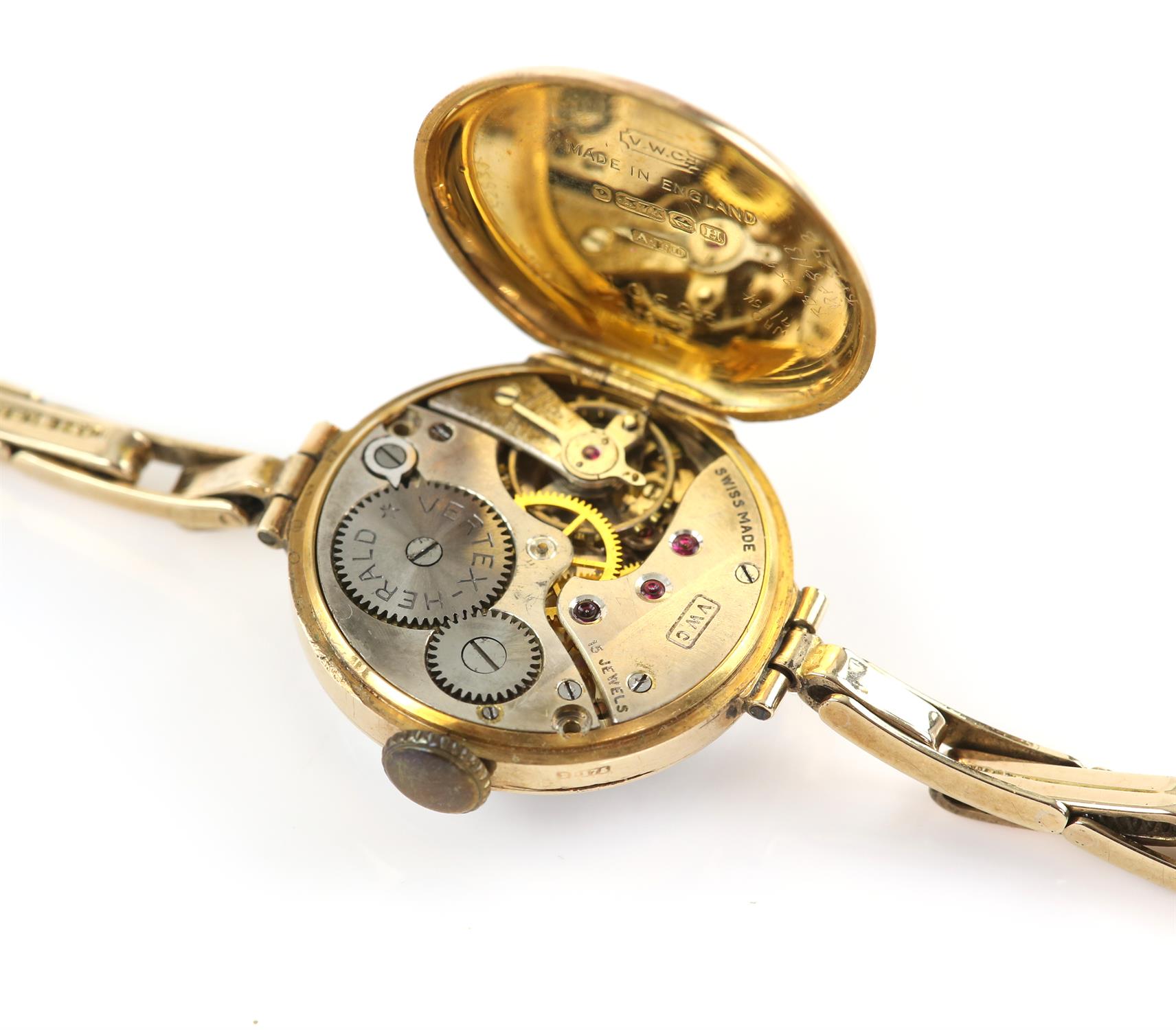 Vertex watch company, a ladies gold wristwatch, the circular enamelled dial with Roman numeral hour - Image 2 of 2