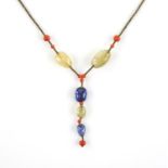 Gem stone set bead necklace, strung with two blue sapphire beads, a yellow sapphire bead and two