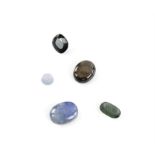 Five loose stones, including a round cabochon star sapphire. measuring approximately 6.21mm,