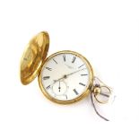 A gold full hunter Gentleman's pocket watch the hinged lid opening to reveal a white enamel dial