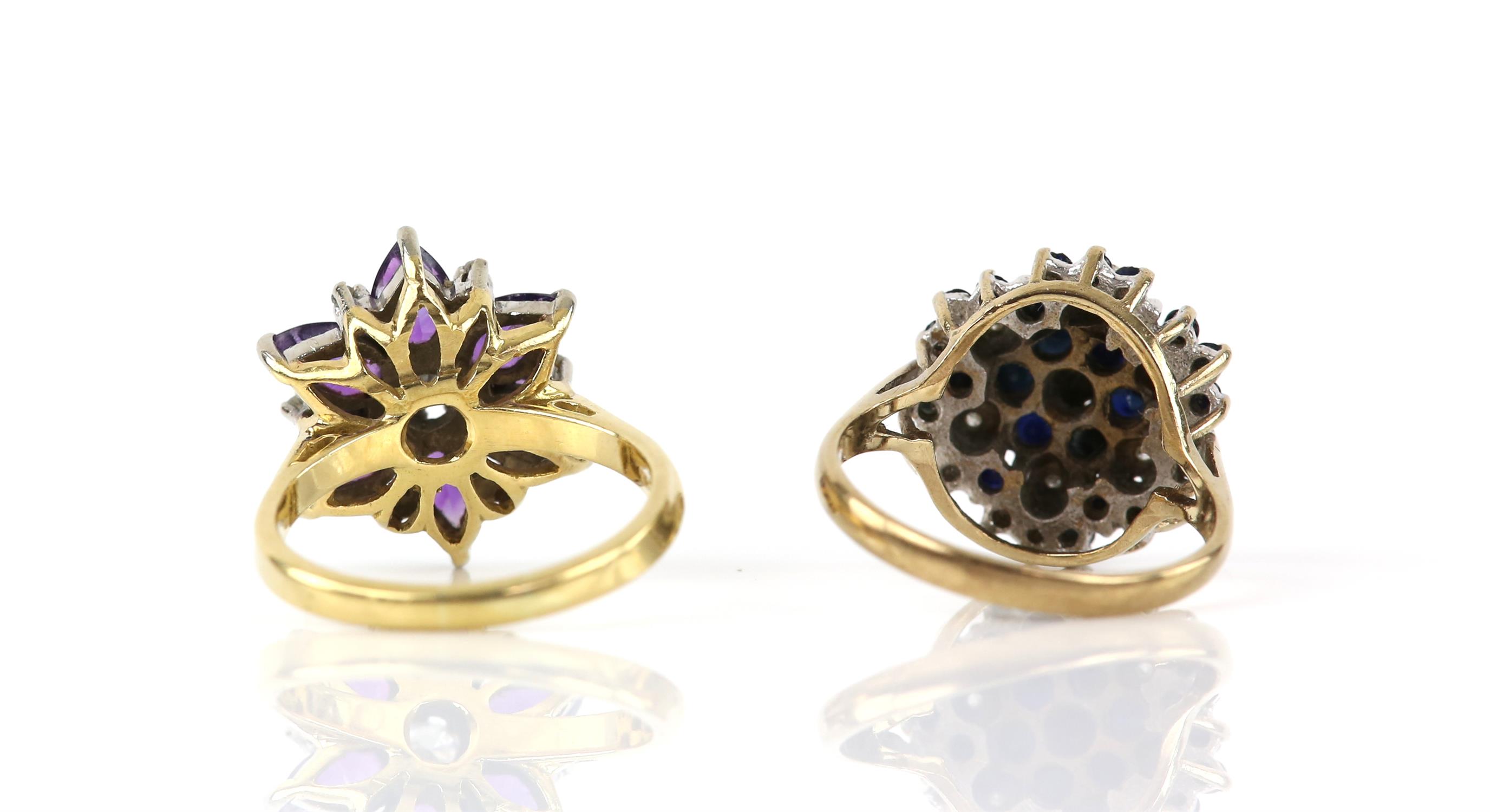 Two vintage floral cluster rings, including an amethyst and diamond cluster, with a central round - Image 2 of 2