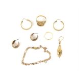 A small group of gold items, including a 22 ct wedding band, a Figaro bracelet, a pair of half hoop