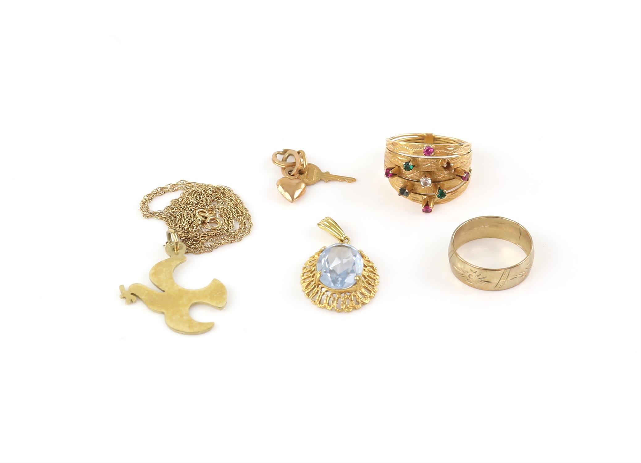 A mixed group of gold jewellery, including a paste set multi row ring, size N 1/2 testing as 18 ct,