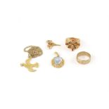 A mixed group of gold jewellery, including a paste set multi row ring, size N 1/2 testing as 18 ct,