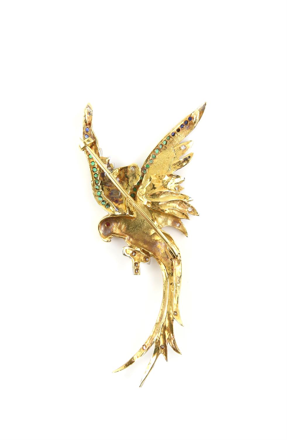 Parrot brooch, designed as a parrot sat on a perch with its wings spread, set with diamonds, - Image 2 of 2