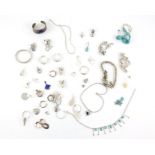 Large selection of silver jewellery items including, two turquoise necklaces with three pairs of