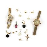 Mixed group of gold items including five pairs of gem set earrings, two gem set pendants and two