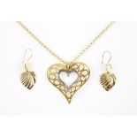 Diamond set heart pendant, hammered gold finish, stamped 18 ct, on a belcher link chain stamped 14
