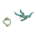 Victorian turquoise phoenix brooch, set with round cabochon turquoise to the whole body and wings,
