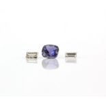 Loose square cut purplish blue sapphire, estimated weight 1.54 carats and two baguette cut diamonds,