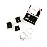 Pandora cleaning kit, with key ring and brush, two silver bracelets one solid with a heart clasp,