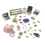 A collection of costume jewellery, including marcasite crescent brooch, Coalport clip on earrings