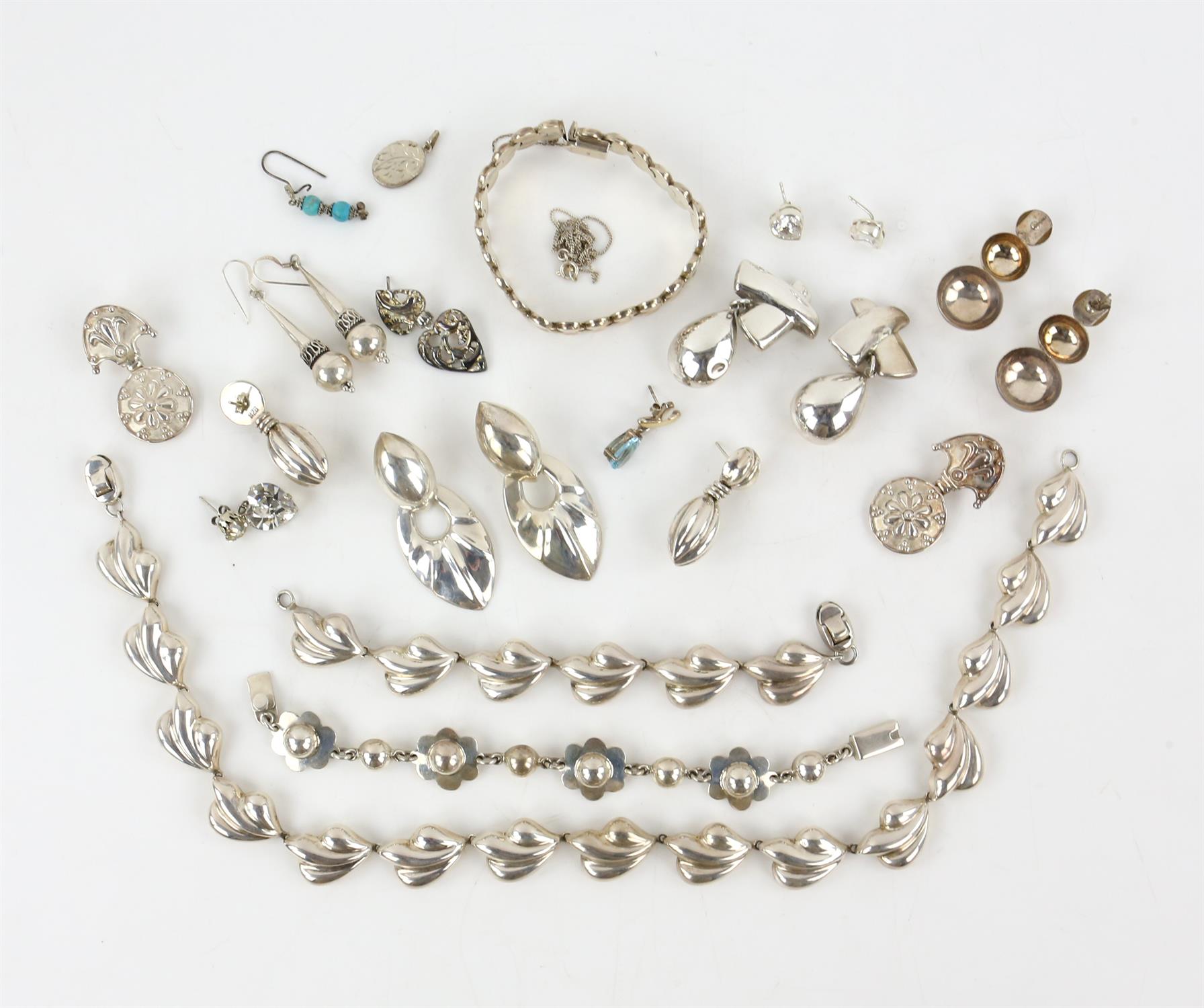 Collection of silver jewellery to include, five necklaces, two bracelets, and multiple pairs of - Image 2 of 2