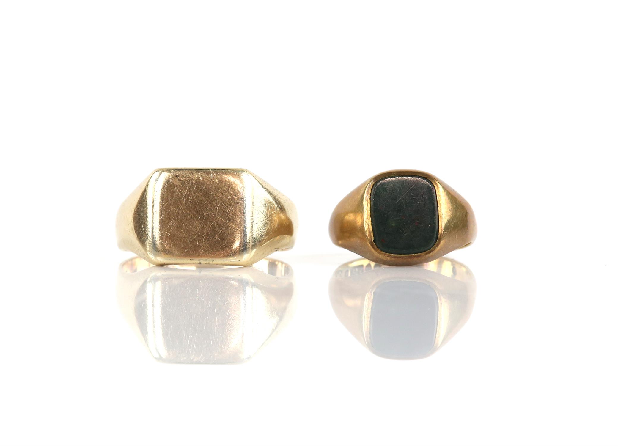 Two signet rings, one is a plain square shaped signet ring, stamped 14 ct gold, ring size T and a