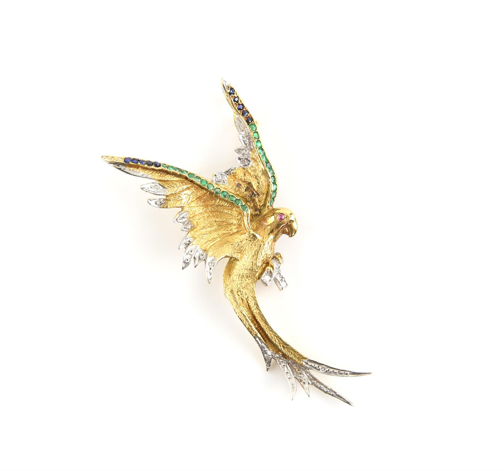 Parrot brooch, designed as a parrot sat on a perch with its wings spread, set with diamonds,