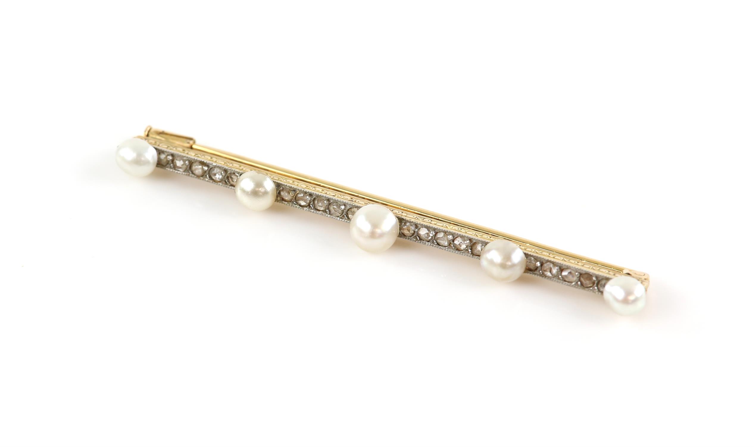 Edwardian pearl and diamond bar brooch, set with five bouton pearls, measuring from 4.7-5.9mm,