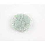 Jadeite jade disk, carved on both sides with bats, flowers, frog and fruit detail, 4.5 x 4.7cm