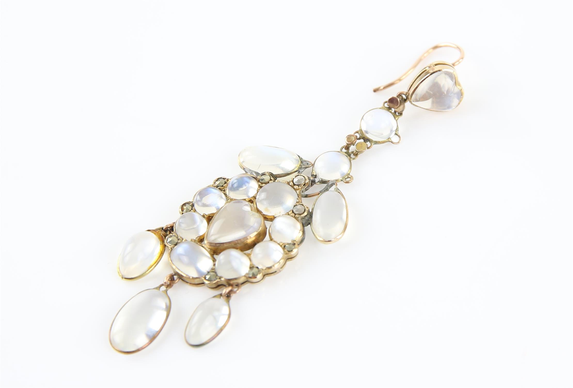 A pair of moonstone chandelier earrings, set with round, oval and heart shaped cabochon cut - Image 2 of 3