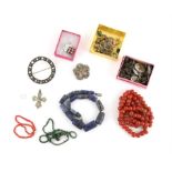 Bag of beaded costume jewellery to include silver brooches, earrings and butterfly brooch and other