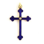 Faberge, Victor Mayer collection, enamel and diamond cross pendant. Blue enamel cross with a