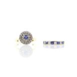 Sapphire and diamond cluster ring, centrally set with a round cut sapphire surrounded two rows of