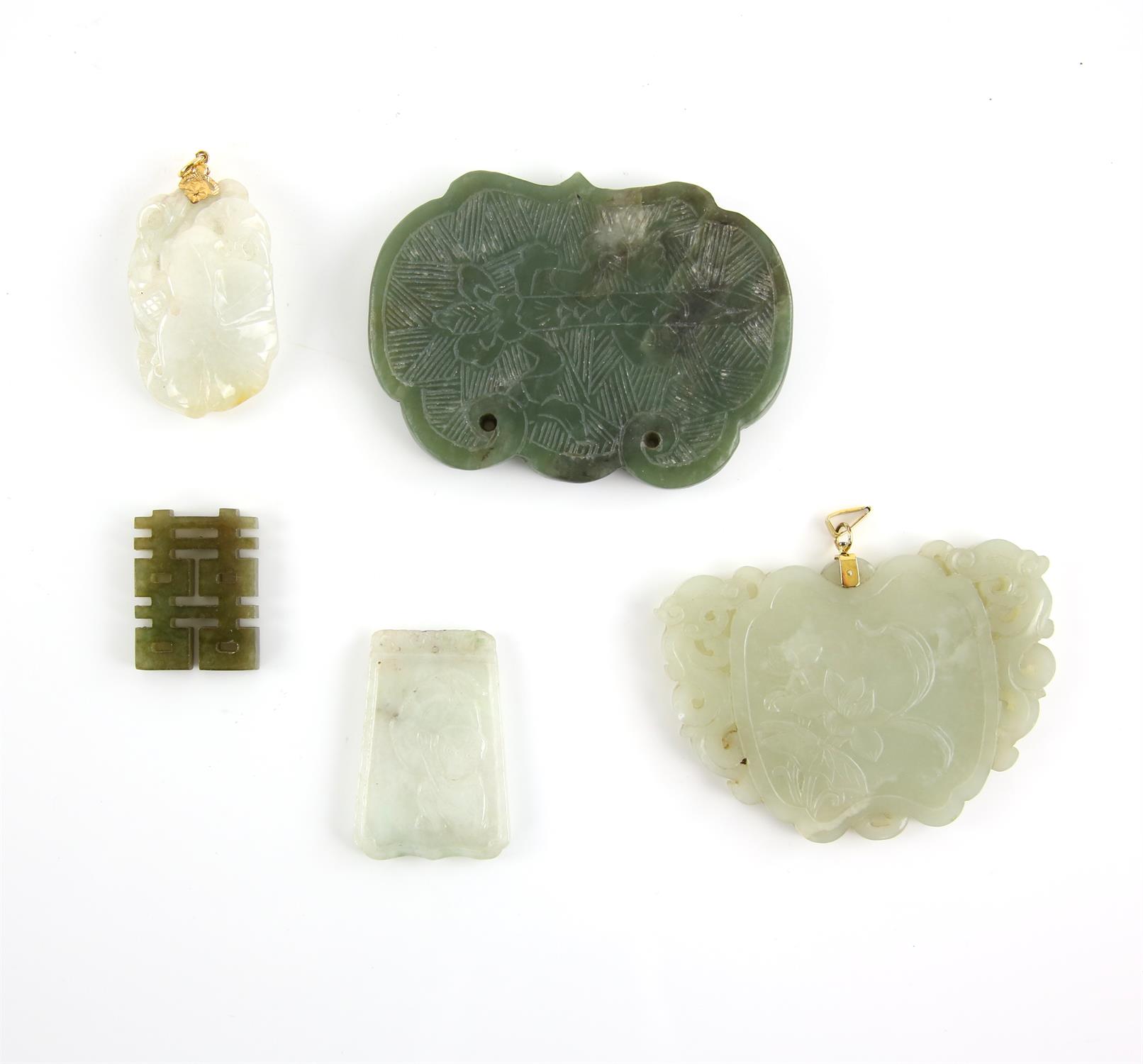 A jadeite jade pendant, with carved gold fish and lily pads, with gilt metal bail, 6 x 3cm,