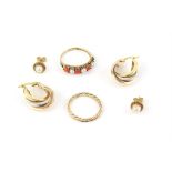 Selection of gold jewellery including a coral and pearl half hoop ring, ring size N 1/2 and a pair