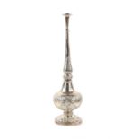 Middle Eastern white metal rosewater sprinkler with scrolling floral decoration, on round foot, 33.