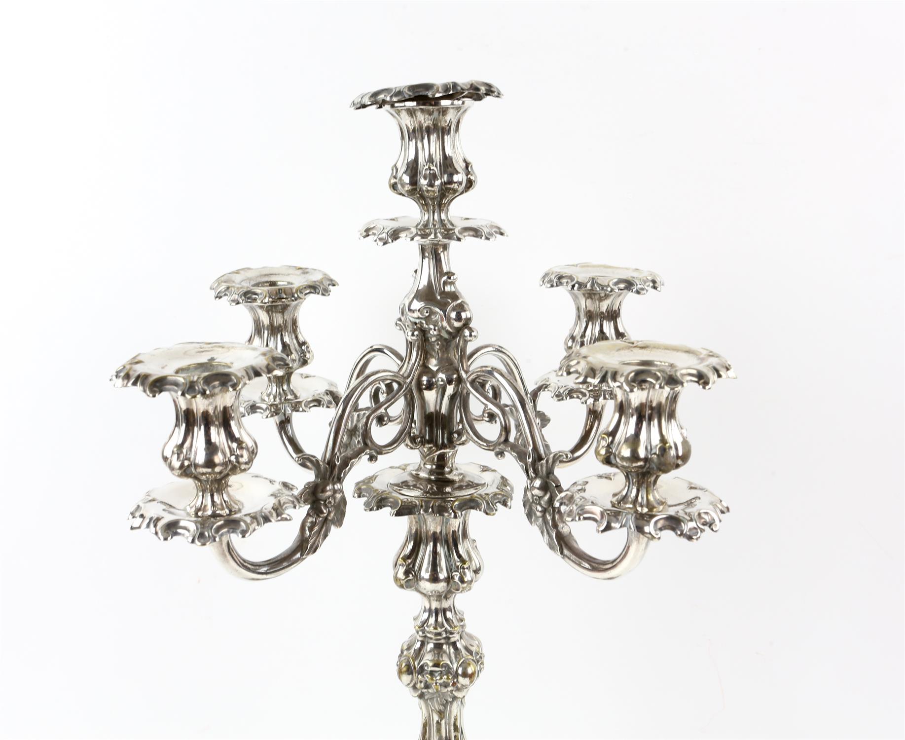 Pair of German silver plated five-light candelabra by Henniger, on waisted columns, - Image 4 of 11