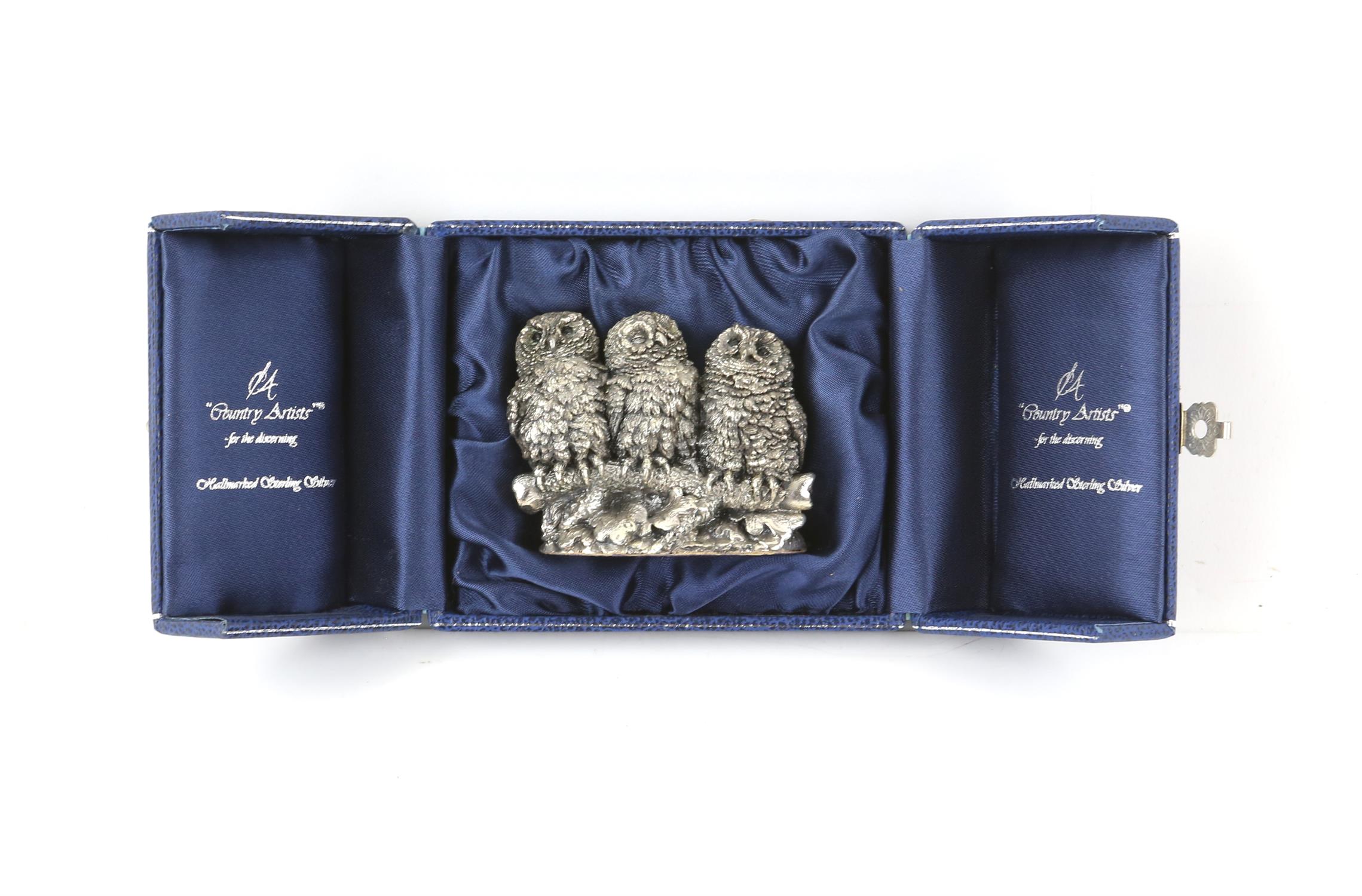 Boxed silver model of three owls on a branch by country artist, Birmingham